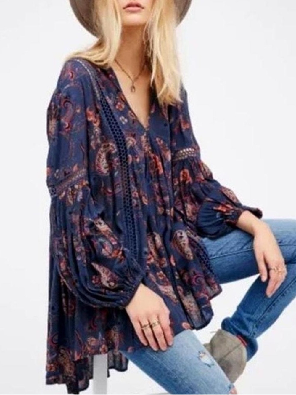 Free People Just The Two Of Us Paisley Babydoll Tunic Crochet Insets Oversize XS